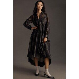 NWT Anthropologie Pilcro Long-Sleeve V-Neck Metallic High-Low Dress M Black $198